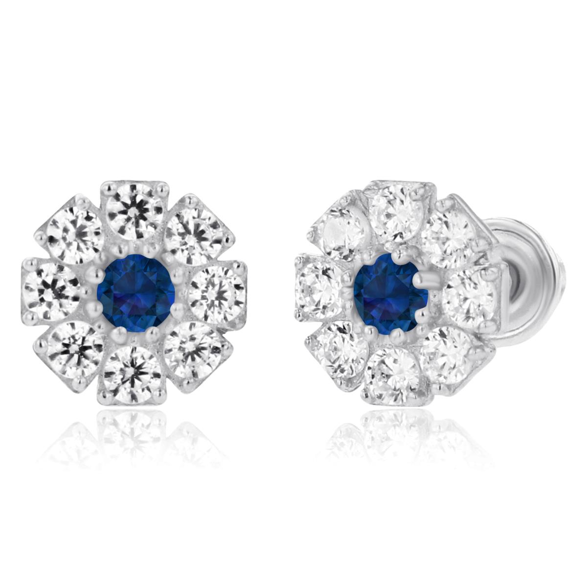 Sterling Silver Rhodium 2mm Round Created Blue Sapphire & 1.5mm Created White Sapphire Flower Screwback Earrings