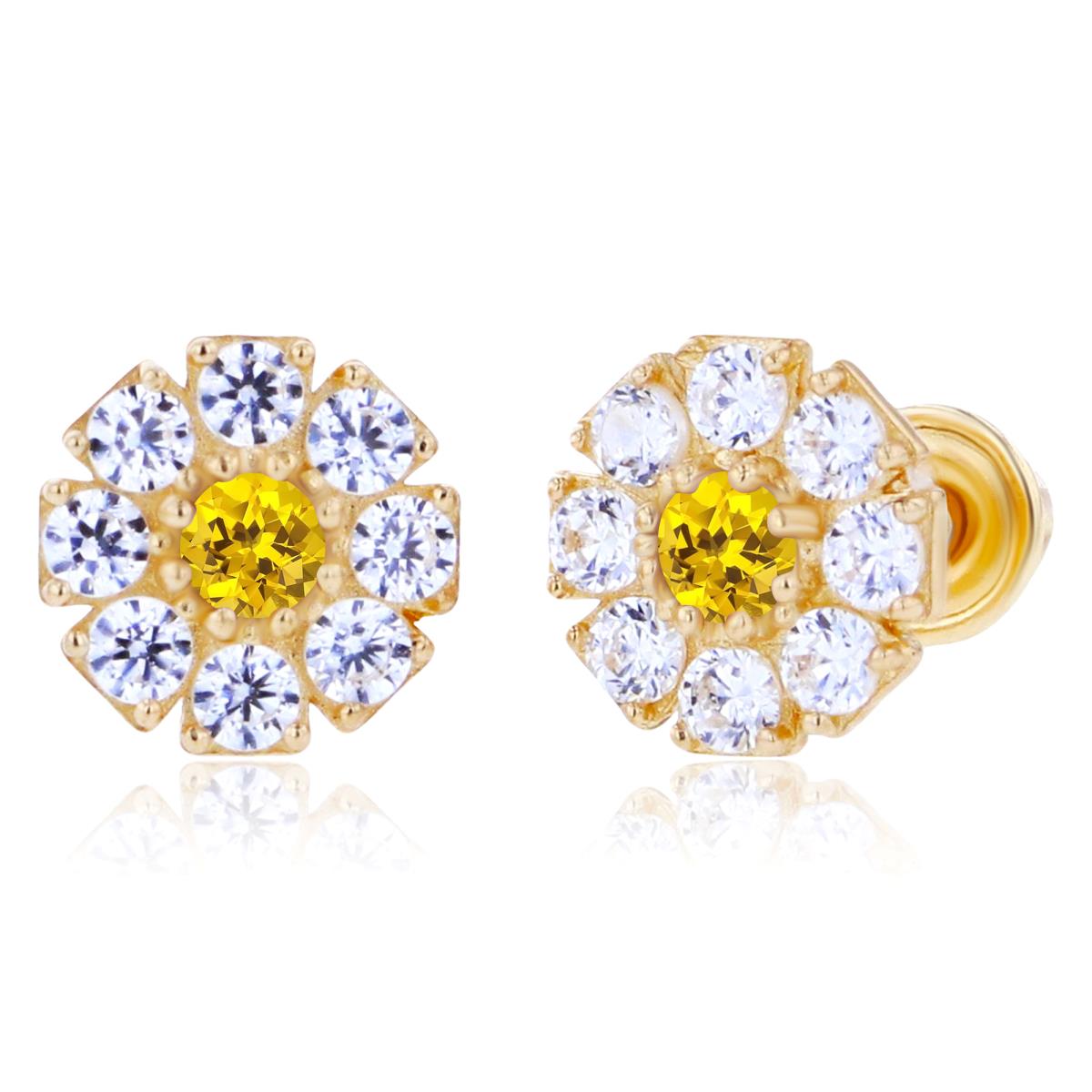 Sterling Silver Yellow 2mm Round Created Yellow Sapphire & 1.5mm Created White Sapphire Flower Screwback Earrings