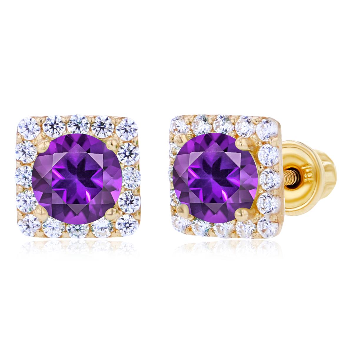 Sterling Silver Yellow 4mm Amethyst & 1mm Created White Sapphire Square Halo Screwback Earrings