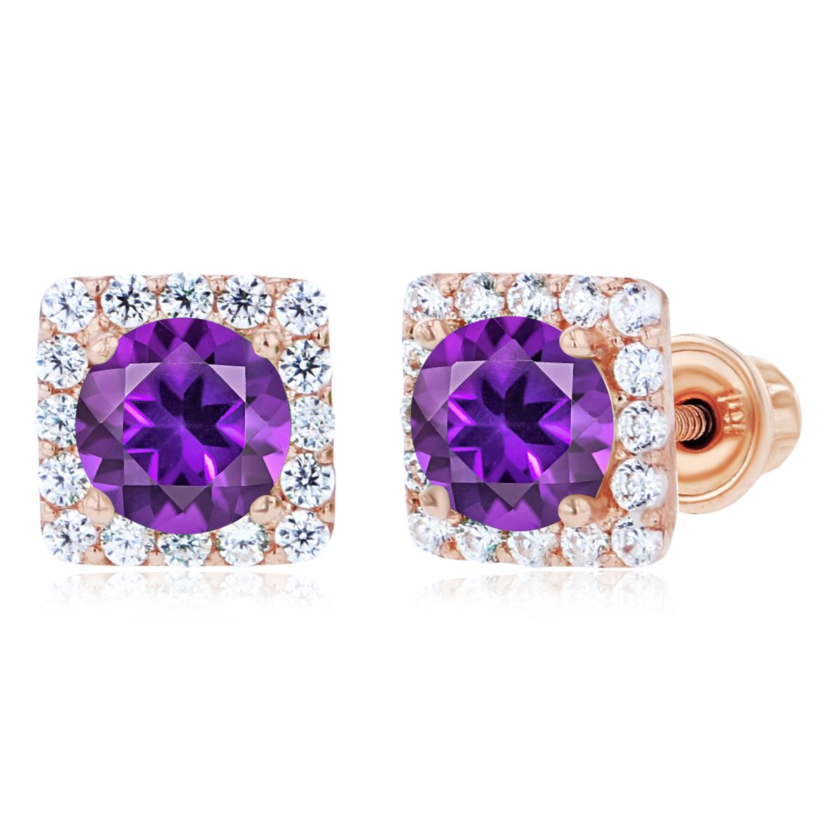 Sterling Silver Rose 4mm Amethyst & 1mm Created White Sapphire Square Halo Screwback Earrings