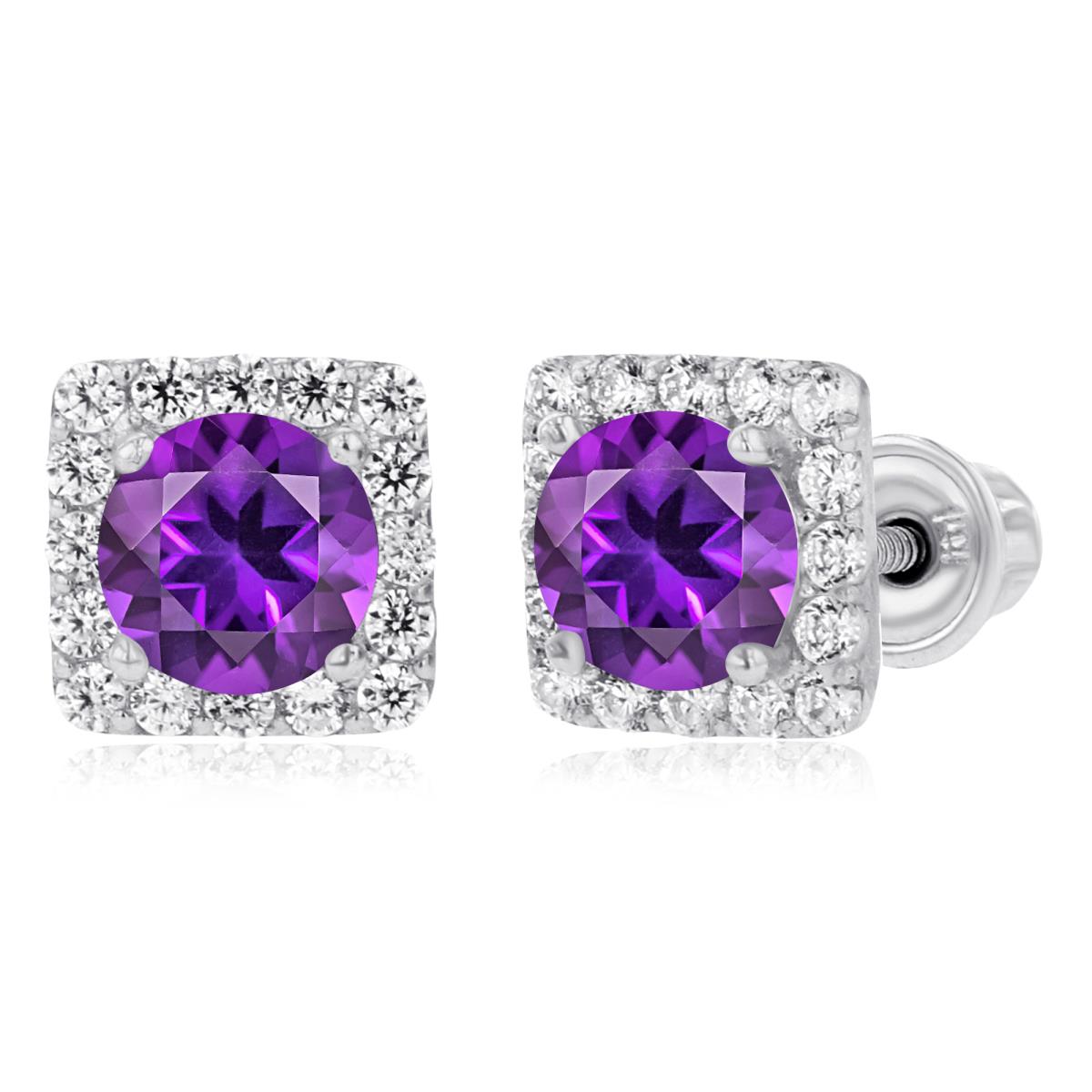 Sterling Silver Rhodium 4mm Amethyst & 1mm Created White Sapphire Square Halo Screwback Earrings