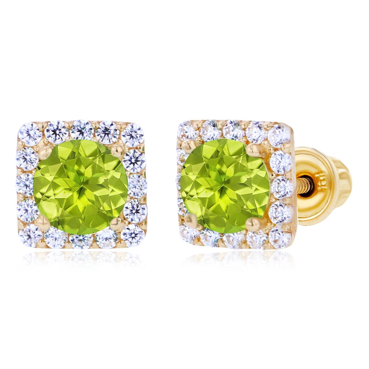 Sterling Silver Yellow 4mm Peridot & 1mm Created White Sapphire Square Halo Screwback Earrings