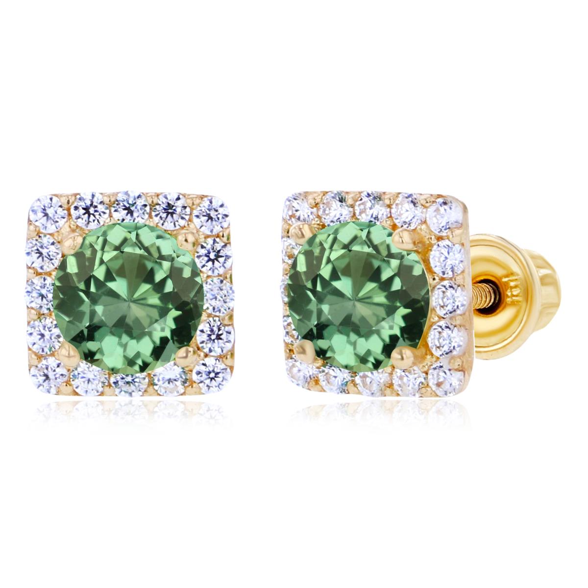 Sterling Silver Yellow 4mm Created Green Sapphire & 1mm Created White Sapphire Square Halo Screwback Earrings
