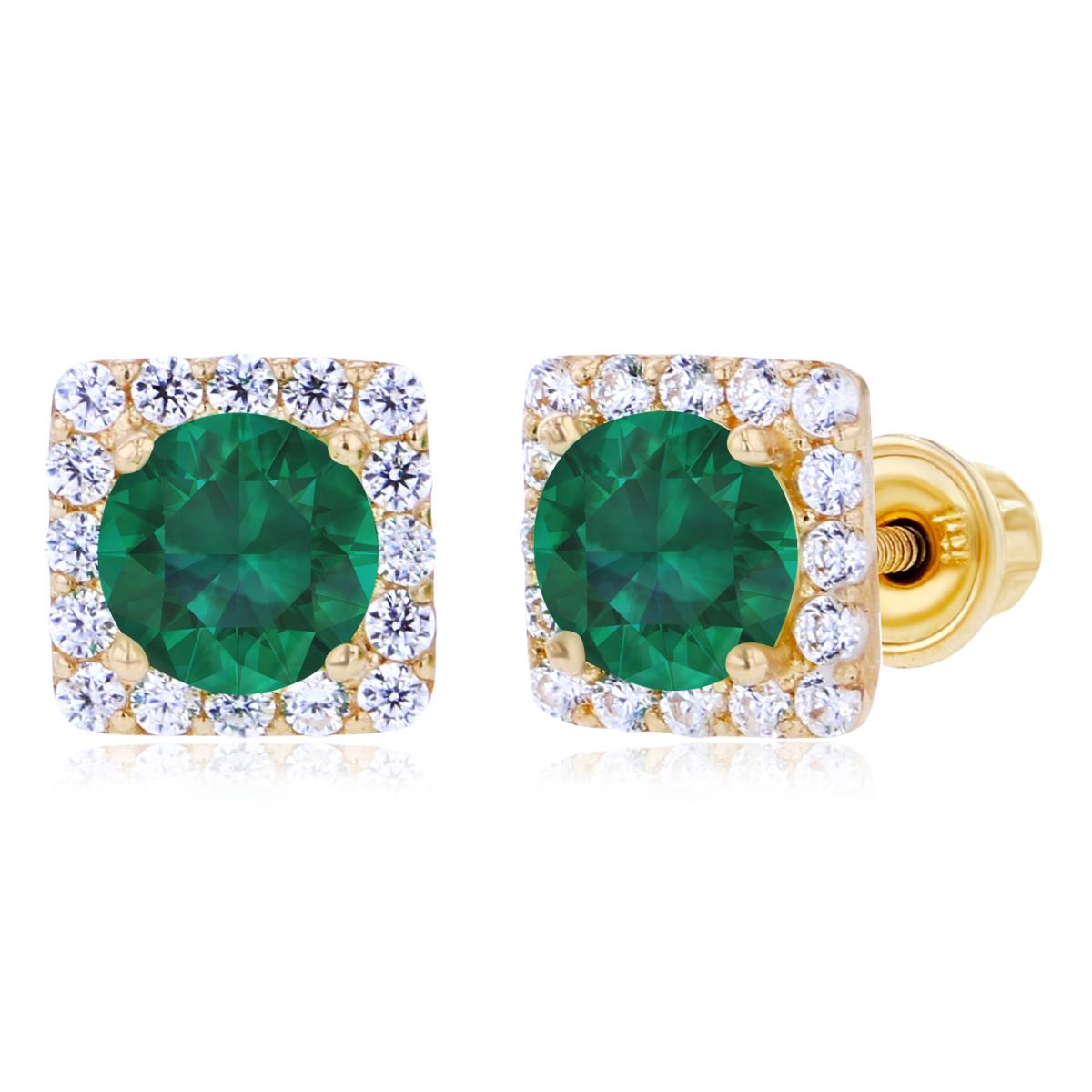 Sterling Silver Yellow 4mm Created Emerald & 1mm Created White Sapphire Square Halo Screwback Earrings