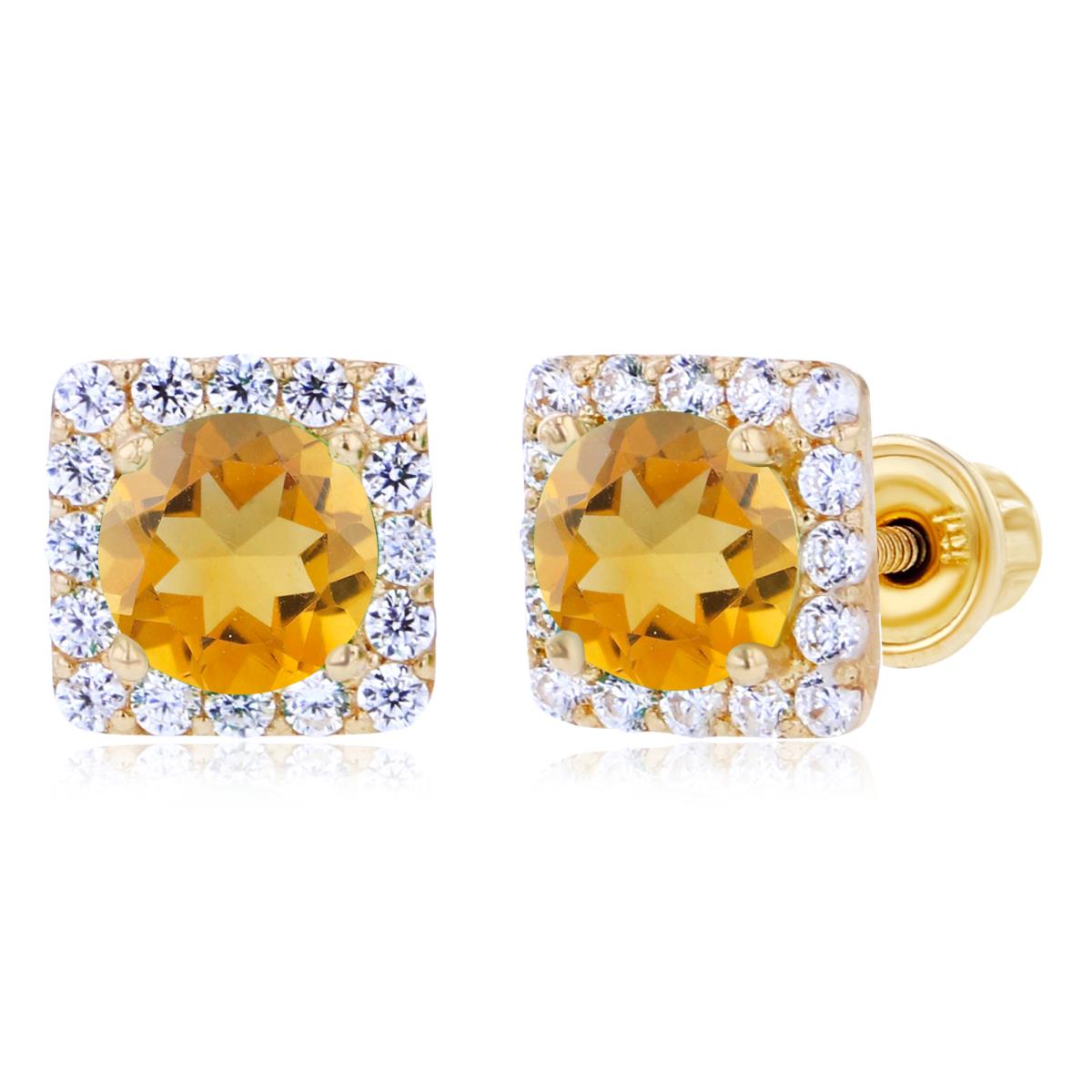 Sterling Silver Yellow 4mm Citrine & 1mm Created White Sapphire Square Halo Screwback Earrings