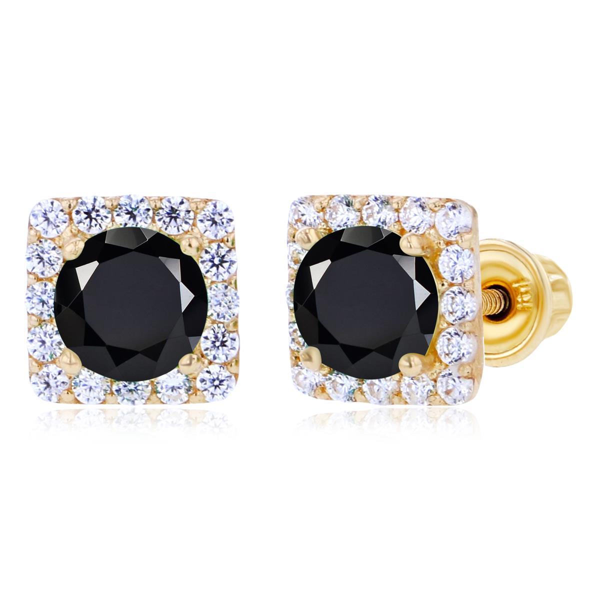 Sterling Silver Yellow 4mm Onyx & 1mm Created White Sapphire Square Halo Screwback Earrings
