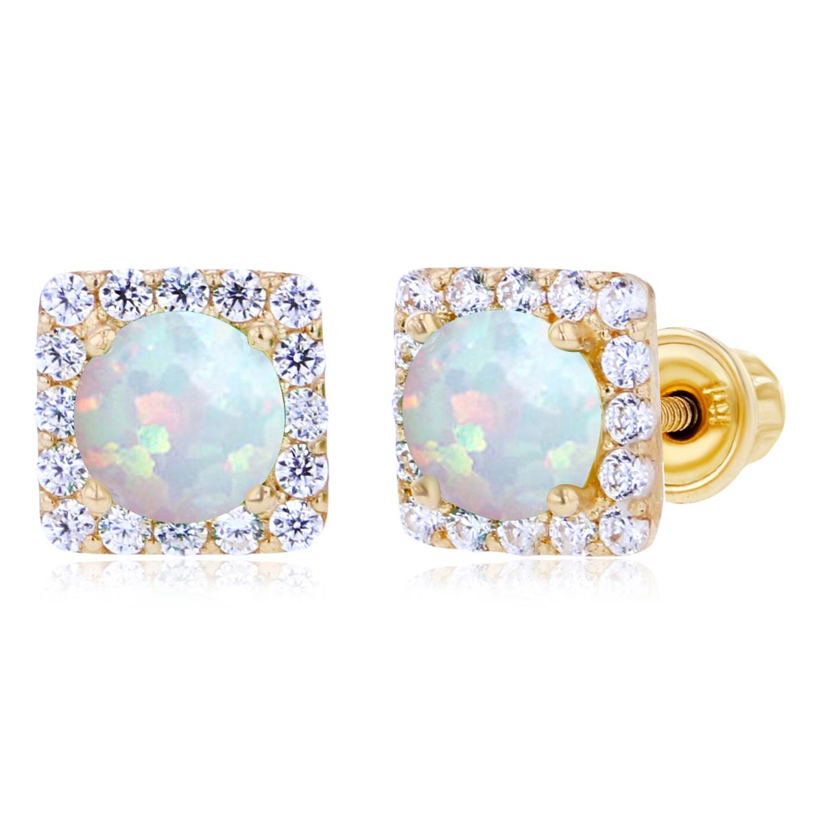 Sterling Silver Yellow 4mm Created Opal & 1mm Created White Sapphire Square Halo Screwback Earrings
