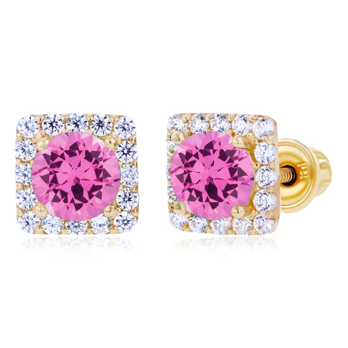 Sterling Silver Yellow 4mm Created Pink Sapphire & 1mm Created White Sapphire Square Halo Screwback Earrings