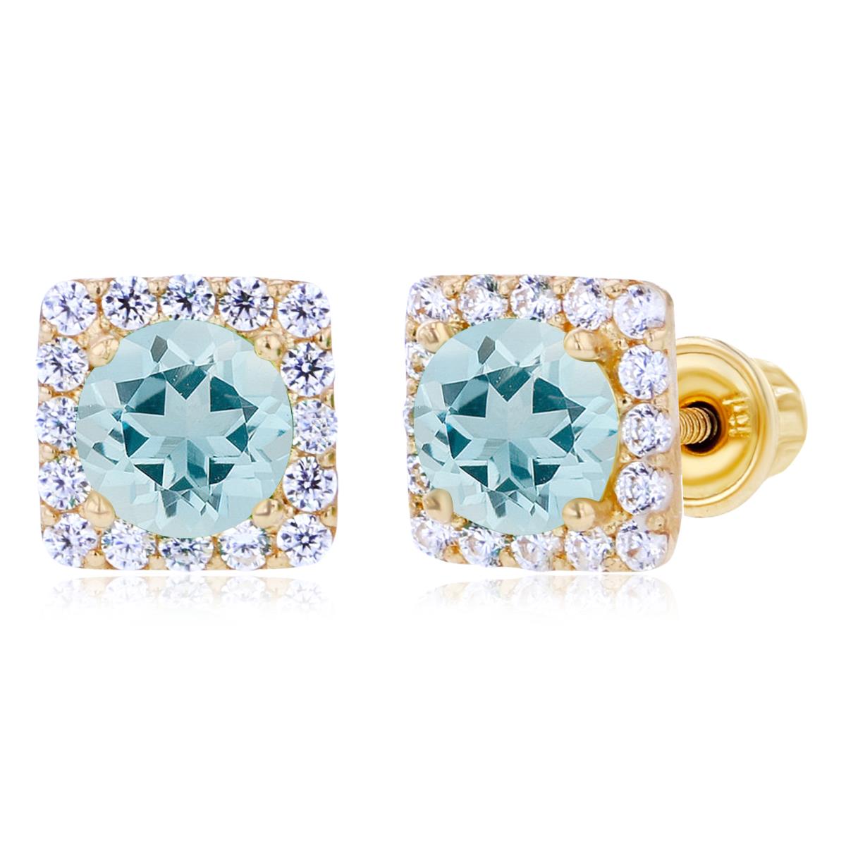 Sterling Silver Yellow 4mm Aquamarine & 1mm Created White Sapphire Square Halo Screwback Earrings