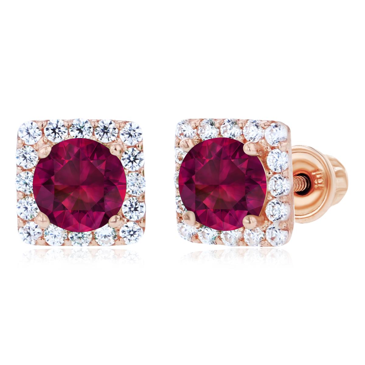 Sterling Silver Rose 4mm Created Ruby & 1mm Created White Sapphire Square Halo Screwback Earrings