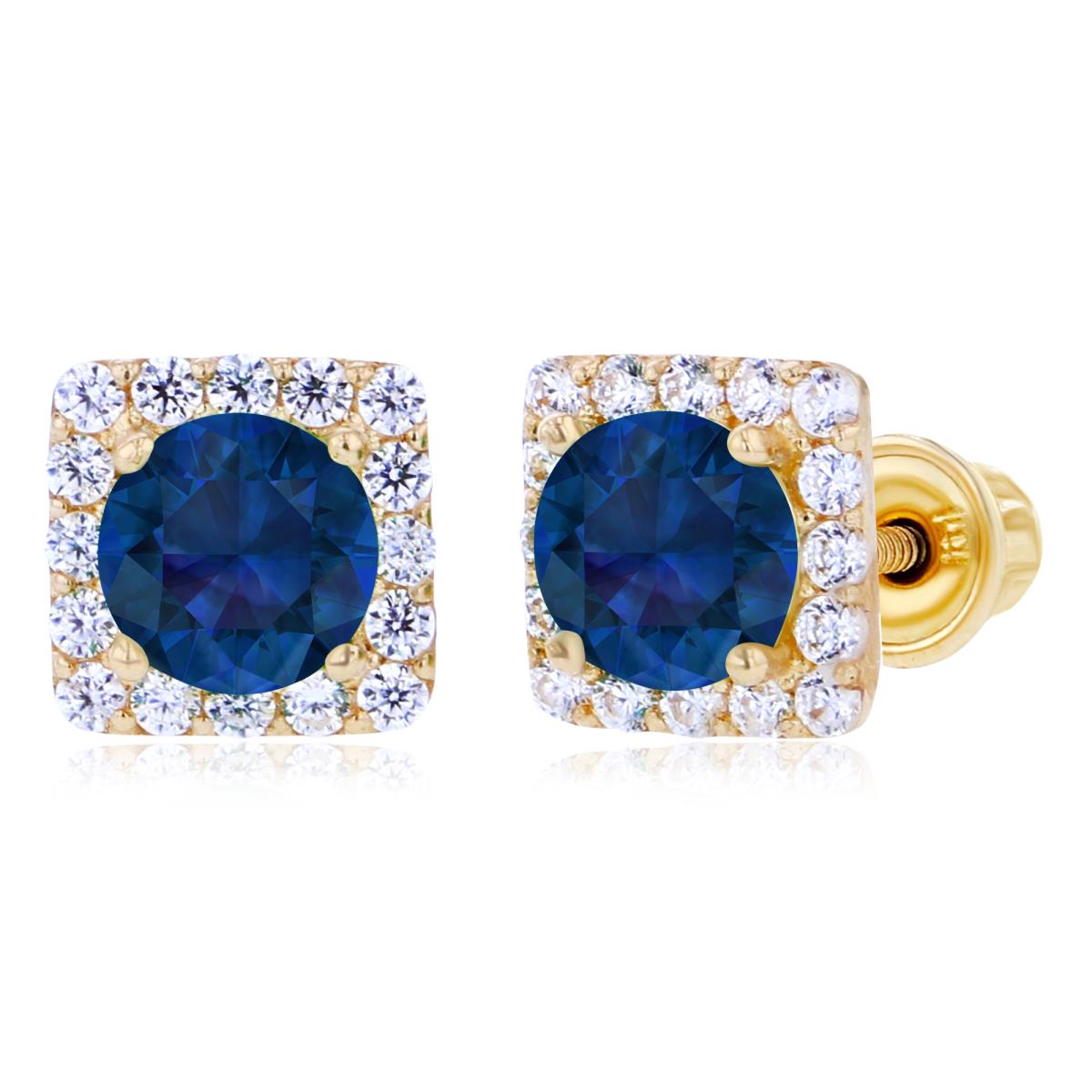 Sterling Silver Yellow 4mm Created Blue Sapphire & 1mm Created White Sapphire Square Halo Screwback Earrings