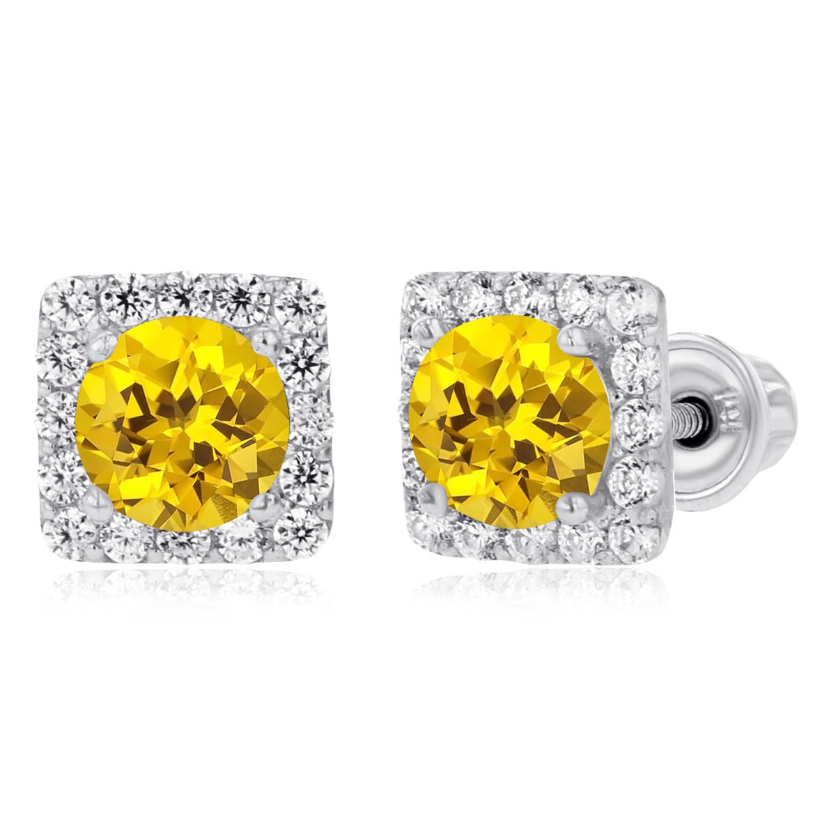 Sterling Silver Rhodium 4mm Created Yellow Sapphire & 1mm Created White Sapphire Square Halo Screwback Earrings