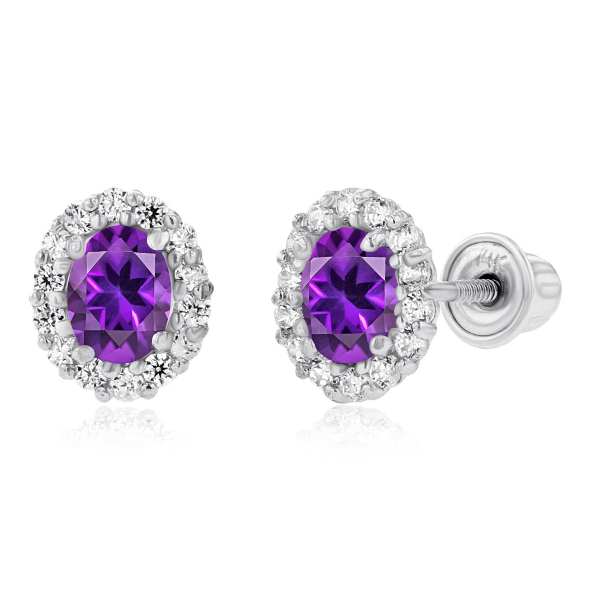 Sterling Silver Rhodium 4x3mm Oval Amethyst & 1mm Round Created White Sapphire Halo Screwback Earrings