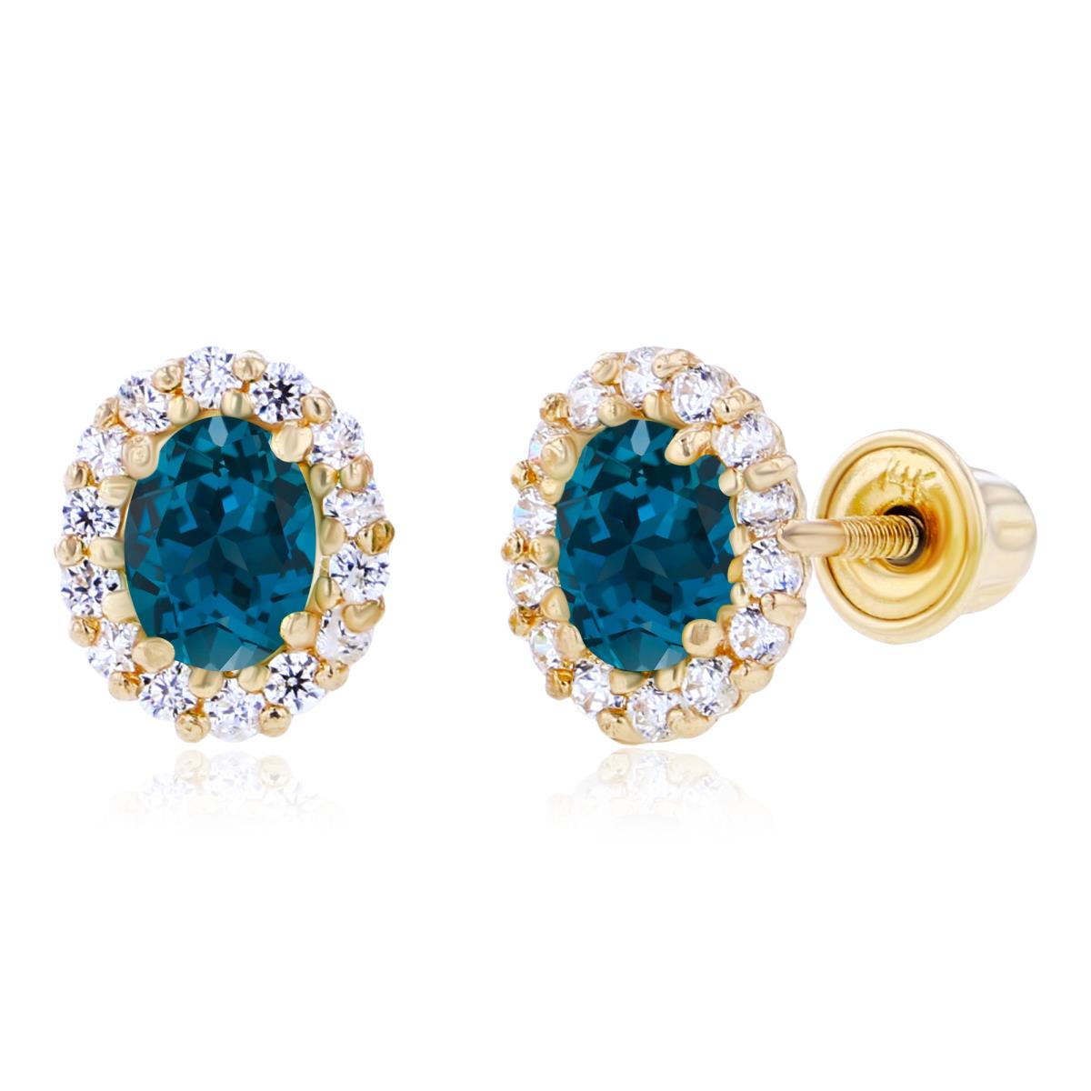 Sterling Silver Yellow 4x3mm Oval London Blue Topaz & 1mm Round Created White Sapphire Halo Screwback Earrings
