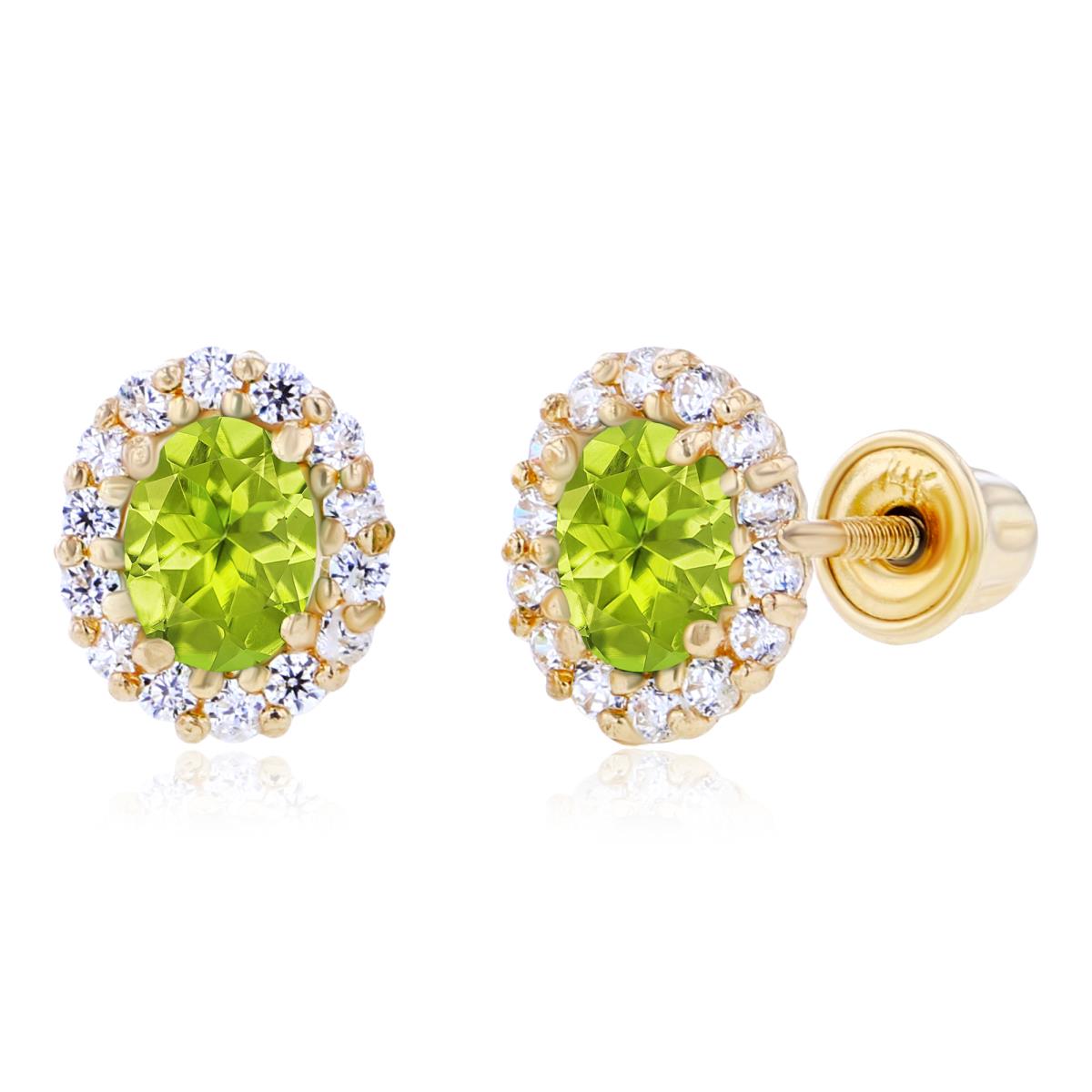 Sterling Silver Yellow 4x3mm Oval Peridot & 1mm Round Created White Sapphire Halo Screwback Earrings