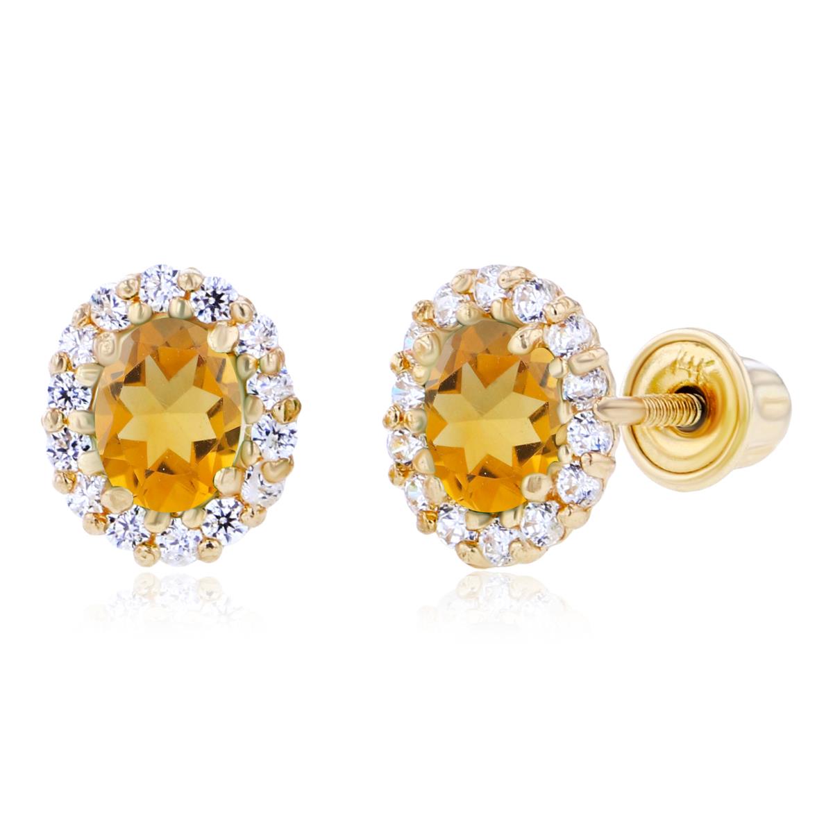 Sterling Silver Yellow 4x3mm Oval Citrine & 1mm Round Created White Sapphire Halo Screwback Earrings