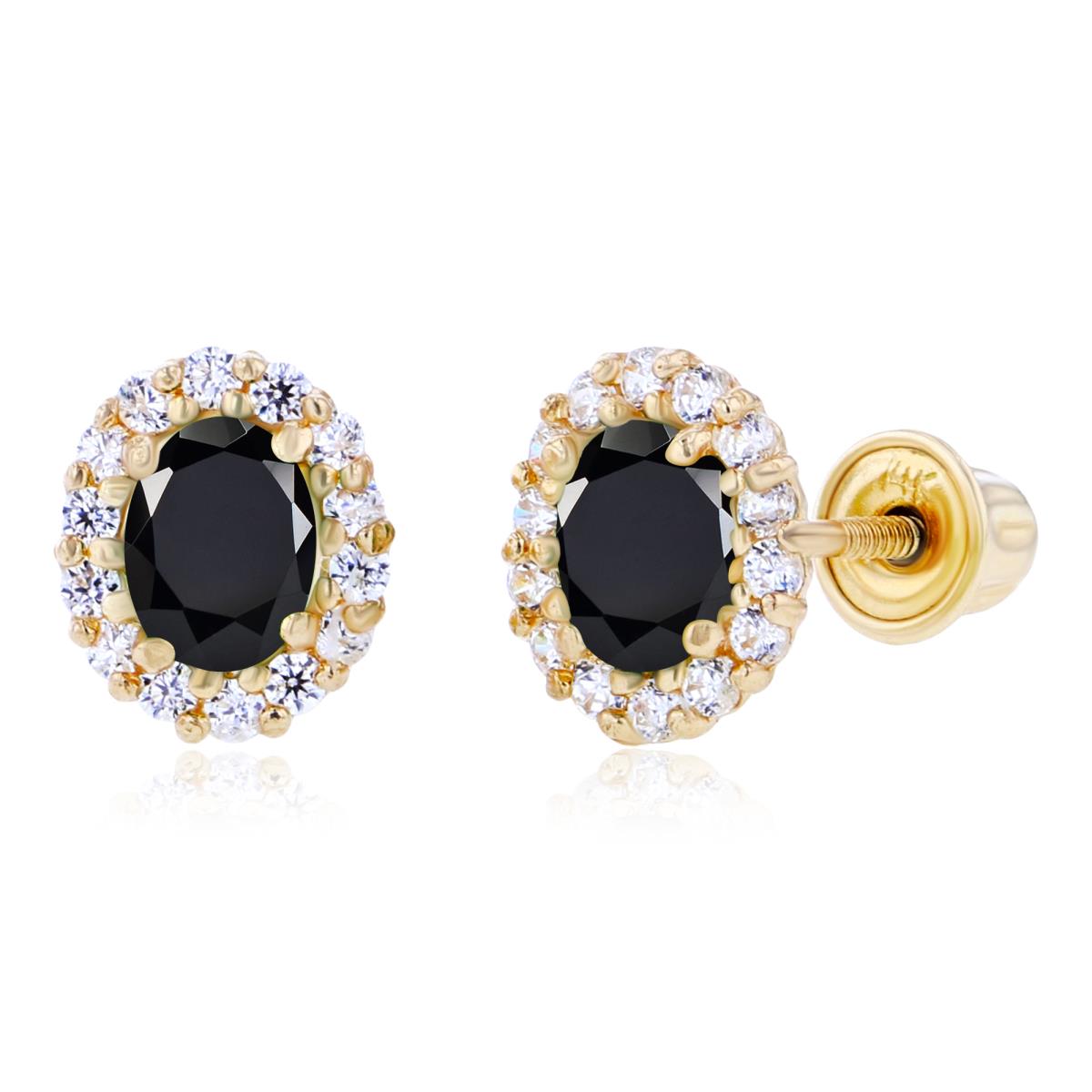 Sterling Silver Yellow 4x3mm Oval Onyx & 1mm Round Created White Sapphire Halo Screwback Earrings