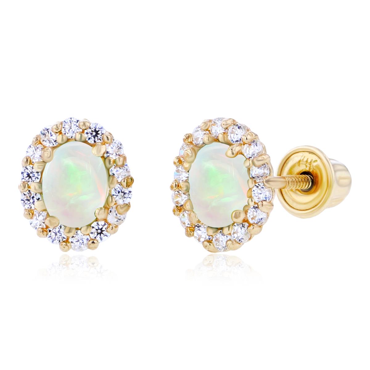 Sterling Silver Yellow 4x3mm Oval Opal & 1mm Round Created White Sapphire Halo Screwback Earrings