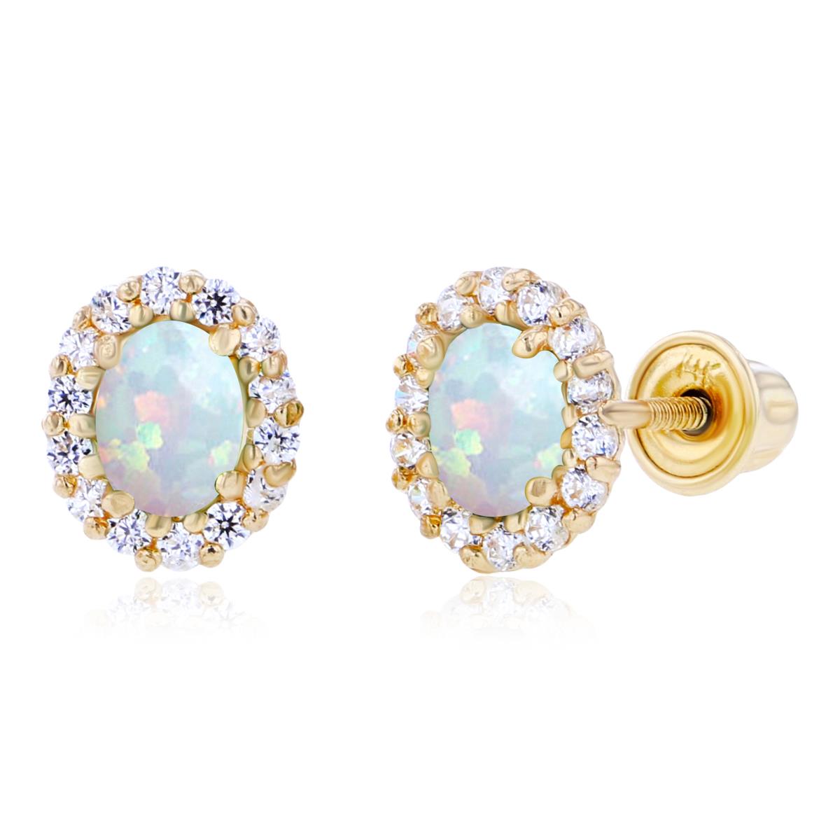 Sterling Silver Yellow 4x3mm Oval Created Opal & 1mm Round Created White Sapphire Halo Screwback Earrings