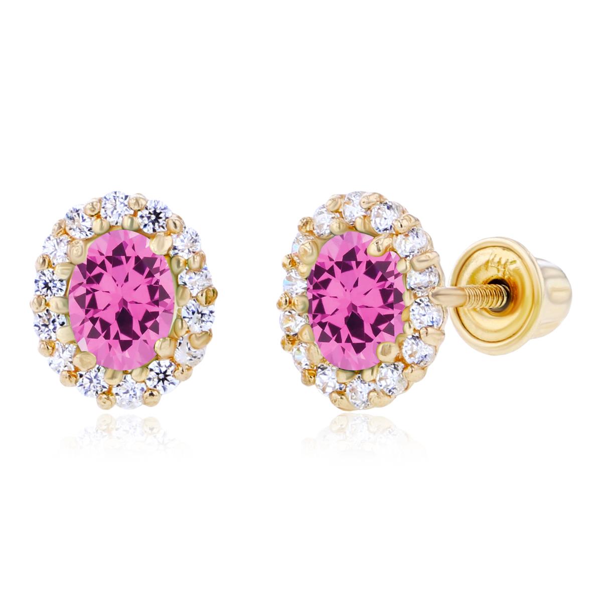 Sterling Silver Yellow 4x3mm Oval Created Pink Sapphire & 1mm Round Created White Sapphire Halo Screwback Earrings