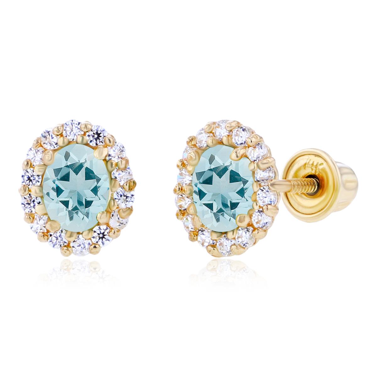 Sterling Silver Yellow 4x3mm Oval Aquamarine & 1mm Round Created White Sapphire Halo Screwback Earrings