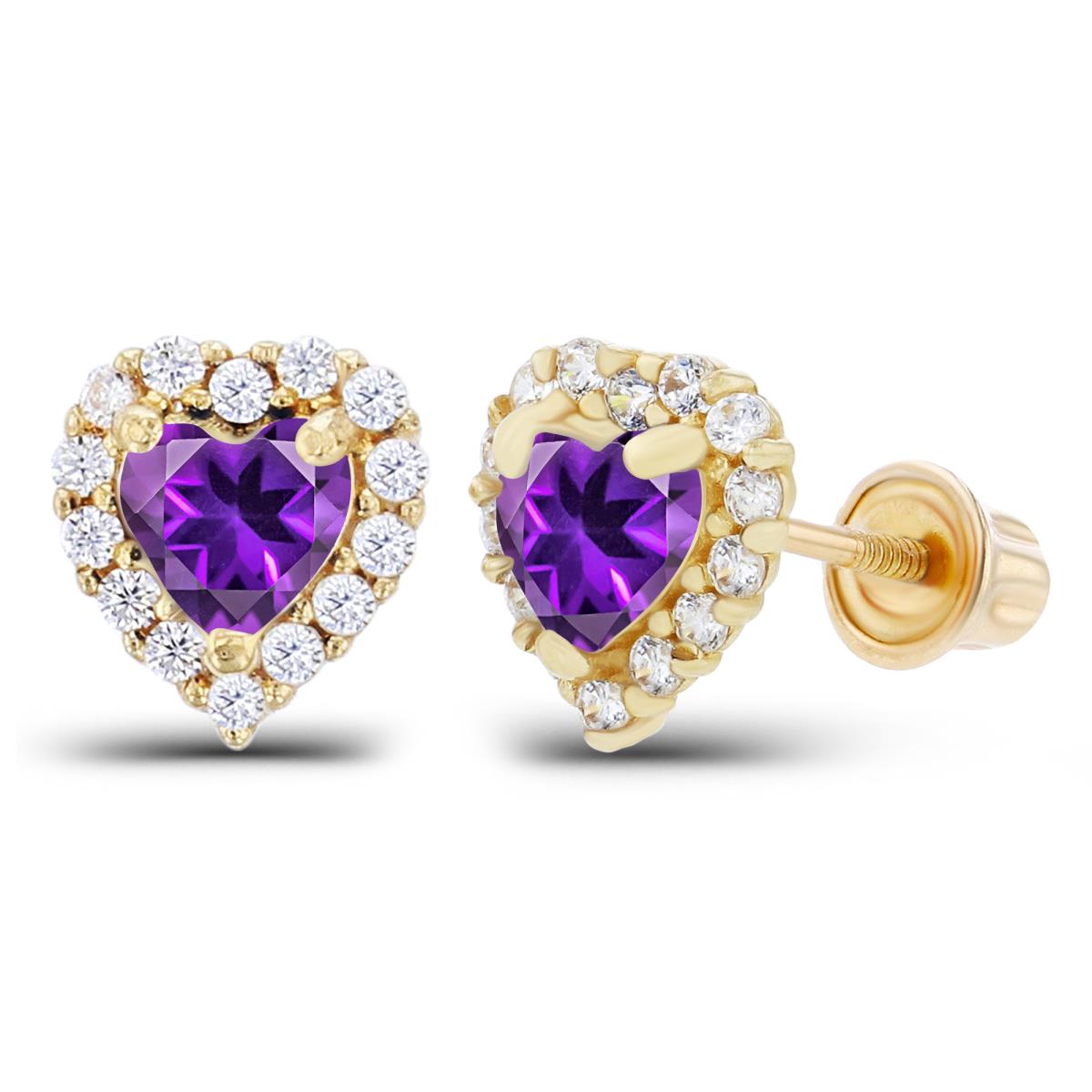 Sterling Silver Yellow 4mm Heart Amethyst & 1mm Created White Sapphire Halo Screwback Earrings