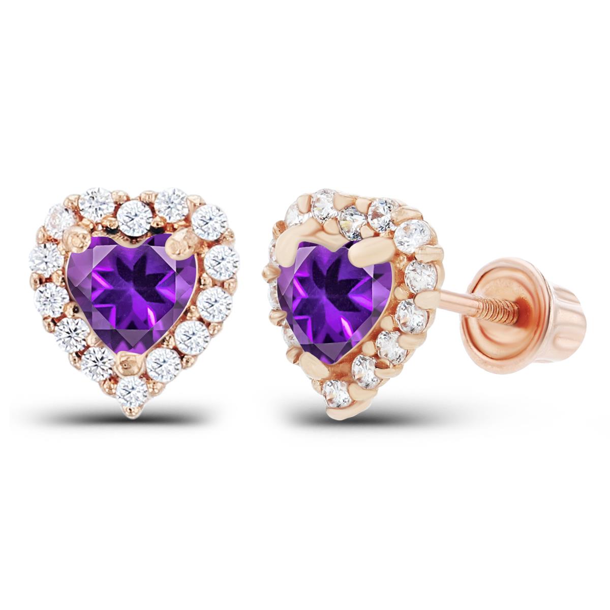 Sterling Silver Rose 4mm Heart Amethyst & 1mm Created White Sapphire Halo Screwback Earrings