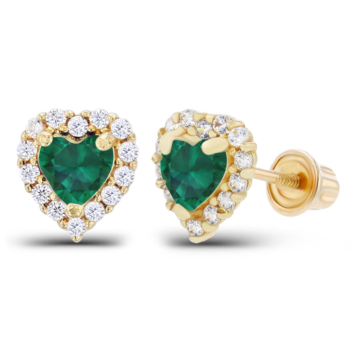 Sterling Silver Yellow 4mm Heart Created Emerald & 1mm Created White Sapphire Halo Screwback Earrings