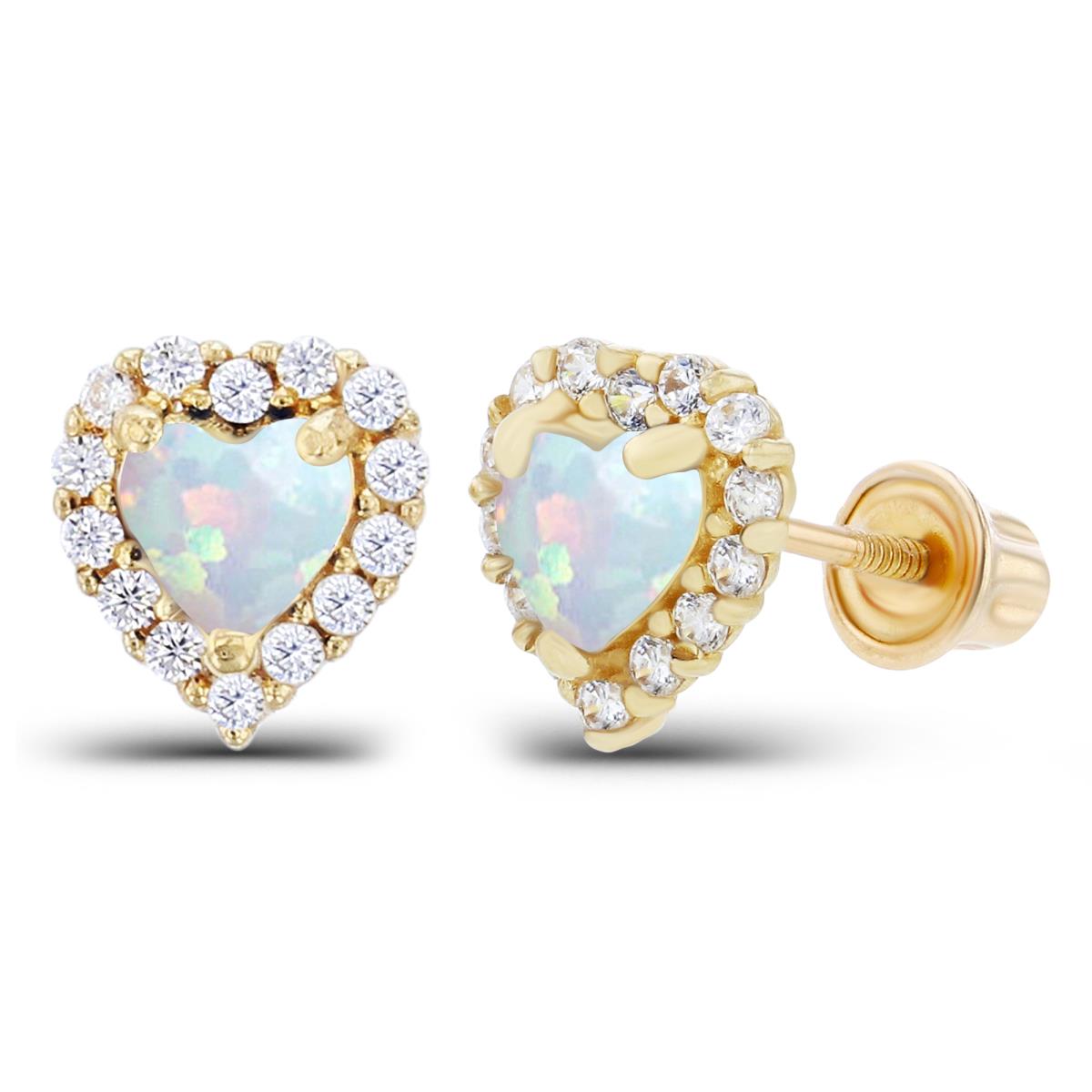 Sterling Silver Yellow 4mm Heart Created Opal & 1mm Created White Sapphire Halo Screwback Earrings