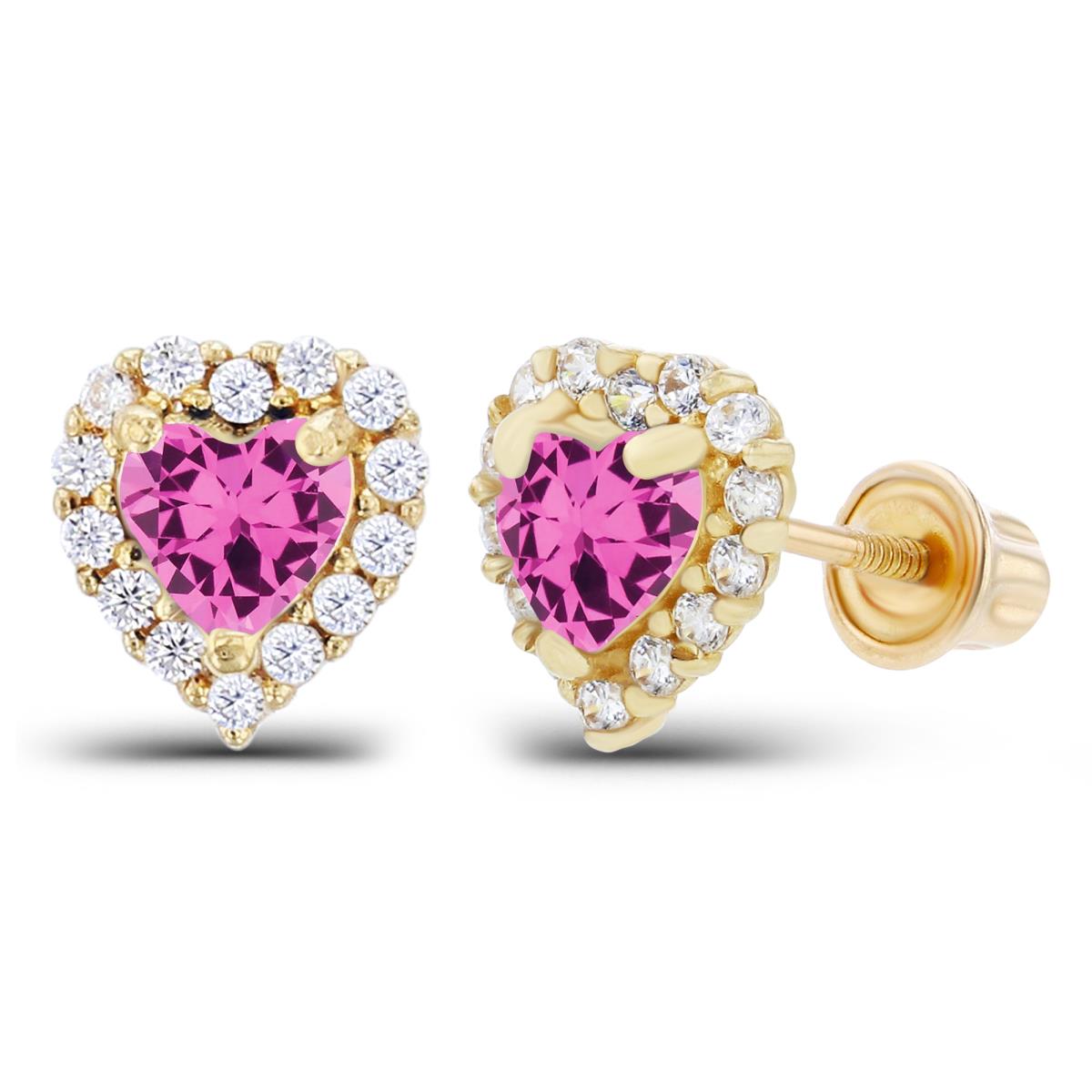 Sterling Silver Yellow 4mm Heart Created Pink Sapphire & 1mm Created White Sapphire Halo Screwback Earrings