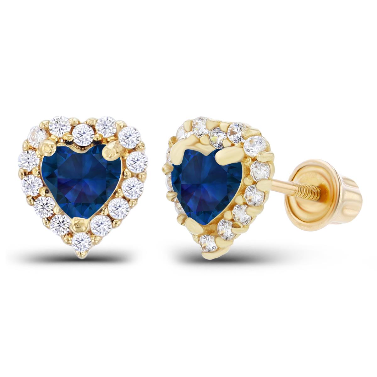 Sterling Silver Yellow 4mm Heart Created Blue Sapphire & 1mm Created White Sapphire Halo Screwback Earrings
