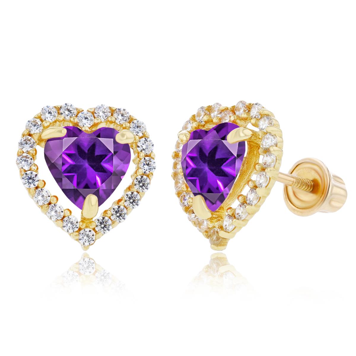 Sterling Silver Yellow 6mm Heart Amethyst & 1mm Created White Sapphire Halo Screwback Earrings