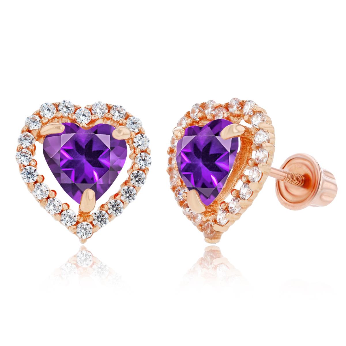 Sterling Silver Rose 6mm Heart Amethyst & 1mm Created White Sapphire Halo Screwback Earrings
