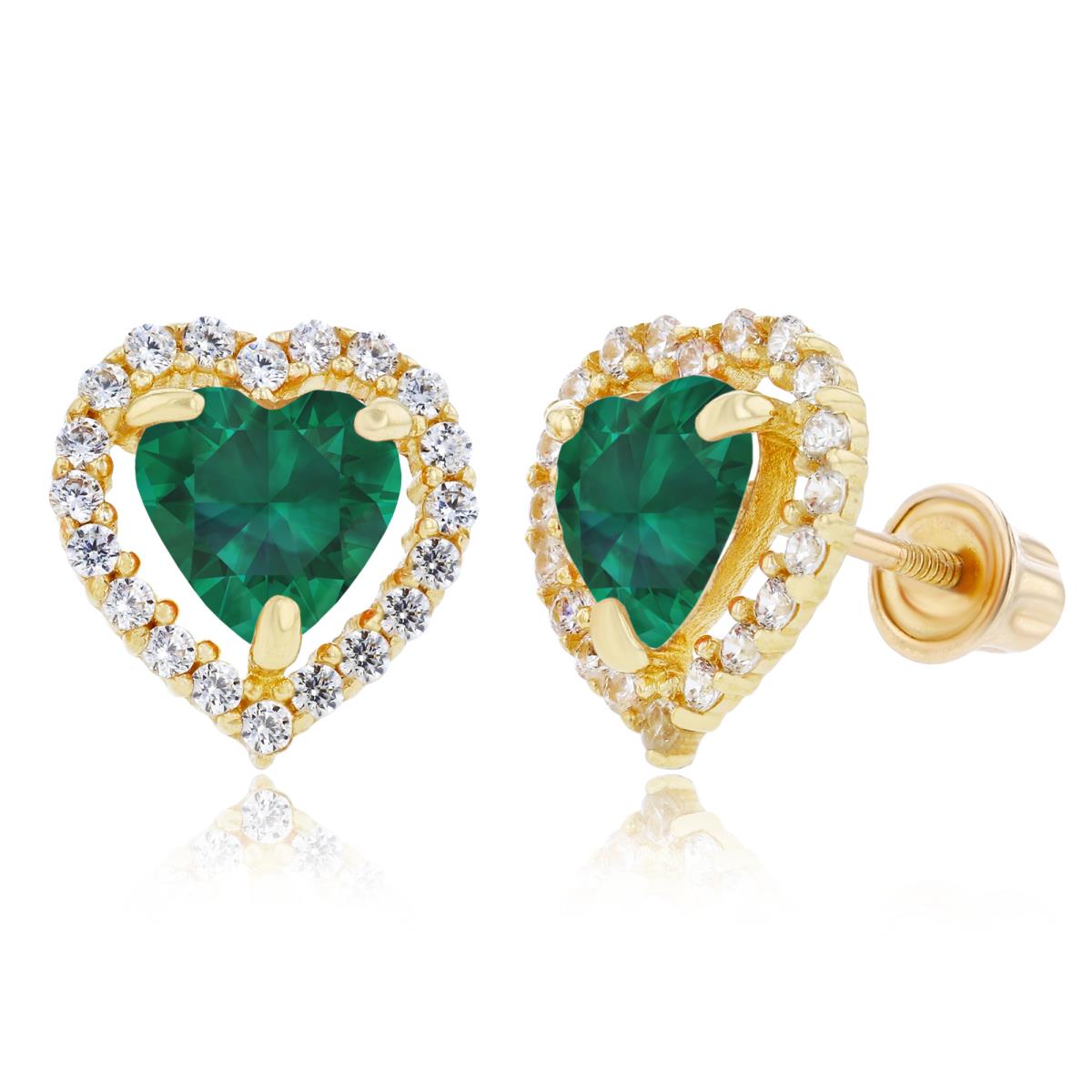 Sterling Silver Yellow 6mm Heart Created Emerald & 1mm Created White Sapphire Halo Screwback Earrings