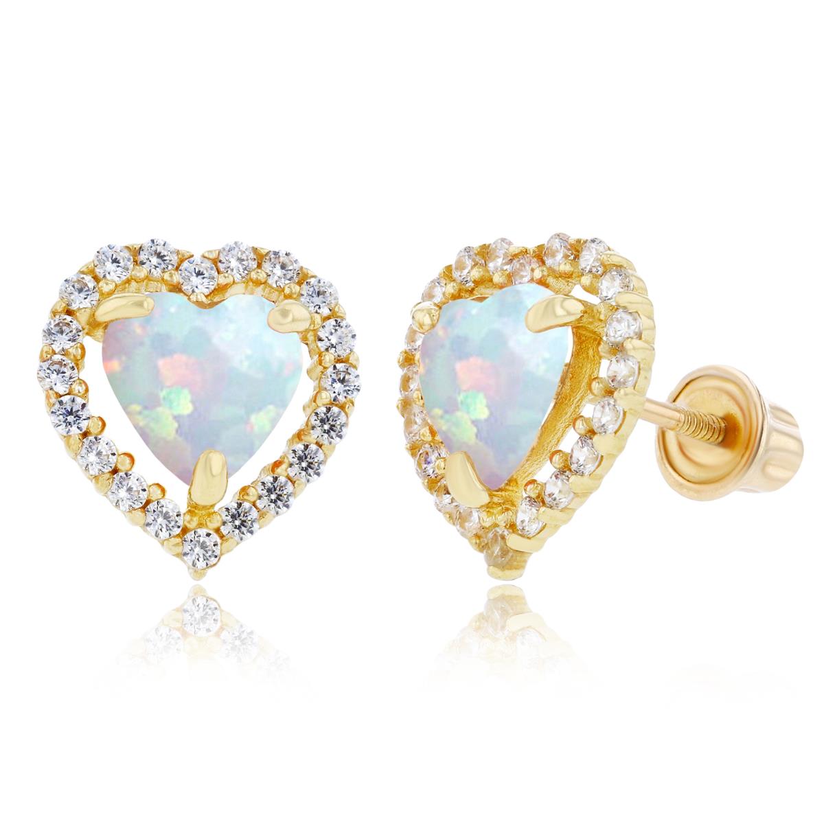 Sterling Silver Yellow 6mm Heart Created Opal & 1mm Created White Sapphire Halo Screwback Earrings