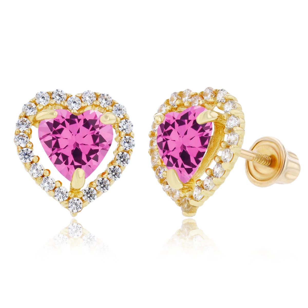 Sterling Silver Yellow 6mm Heart Created Pink Sapphire & 1mm Created White Sapphire Halo Screwback Earrings