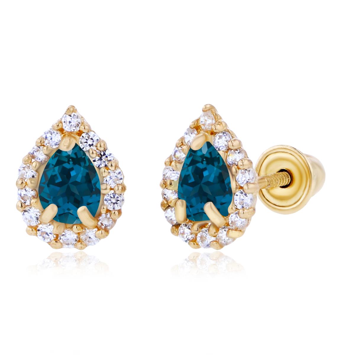 Sterling Silver Yellow 4x3mm Pear London Blue Topaz & 1mm Created White Sapphire Halo Screwback Earrings
