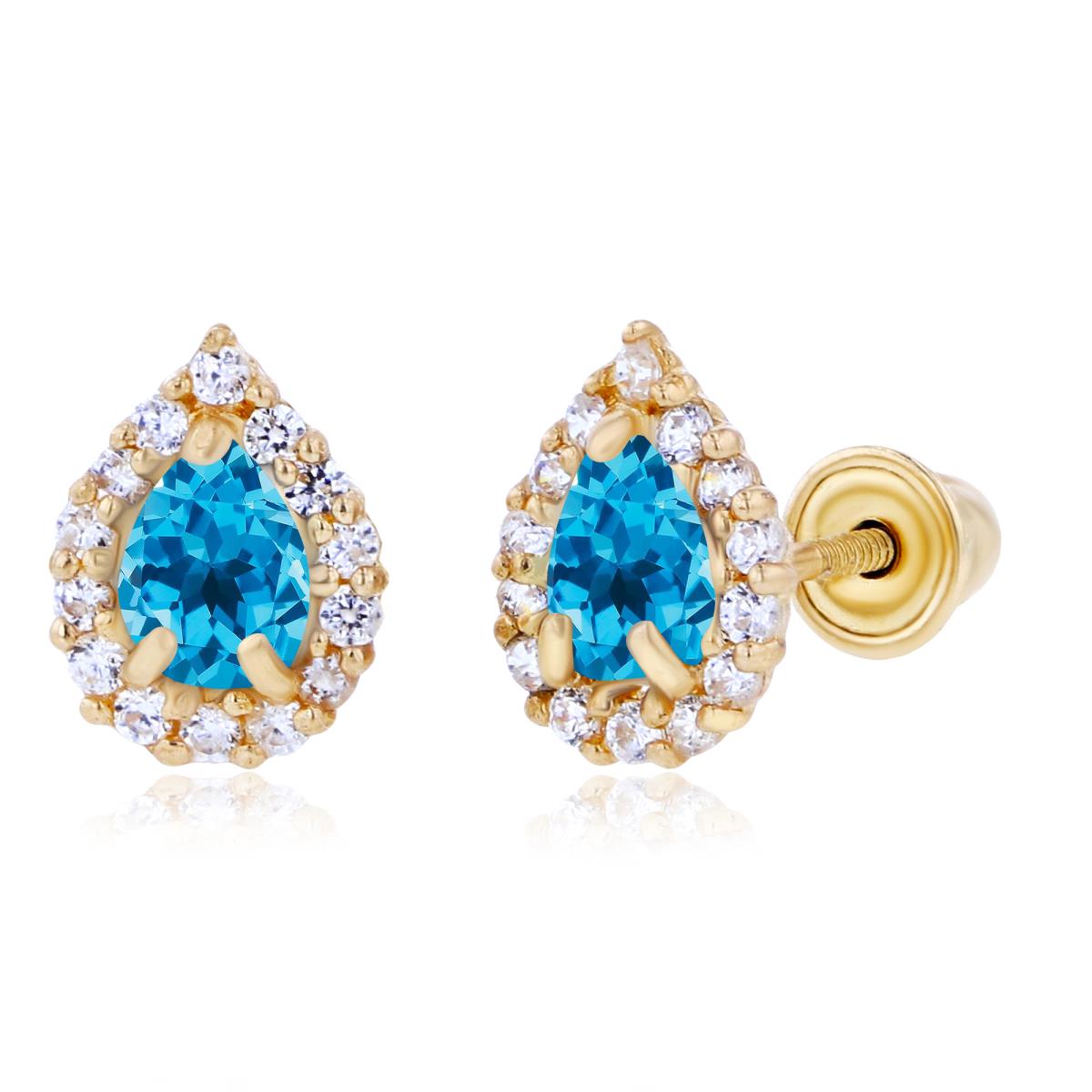 Sterling Silver Yellow 4x3mm Pear Swiss Blue Topaz & 1mm Created White Sapphire Halo Screwback Earrings