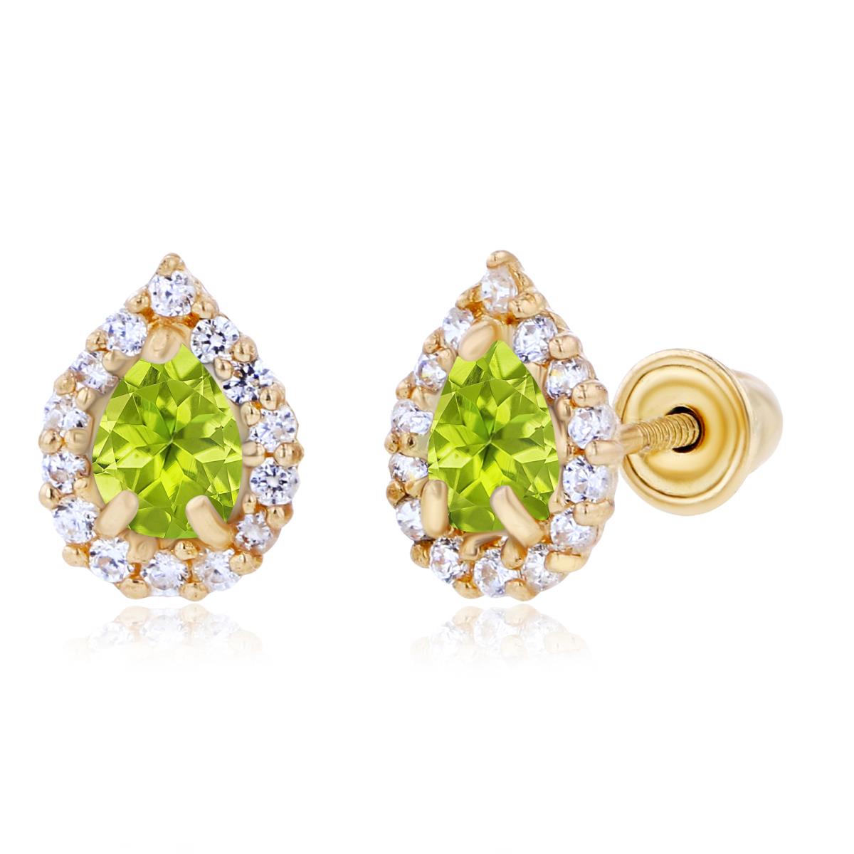 Sterling Silver Yellow 4x3mm Pear Peridot & 1mm Created White Sapphire Halo Screwback Earrings
