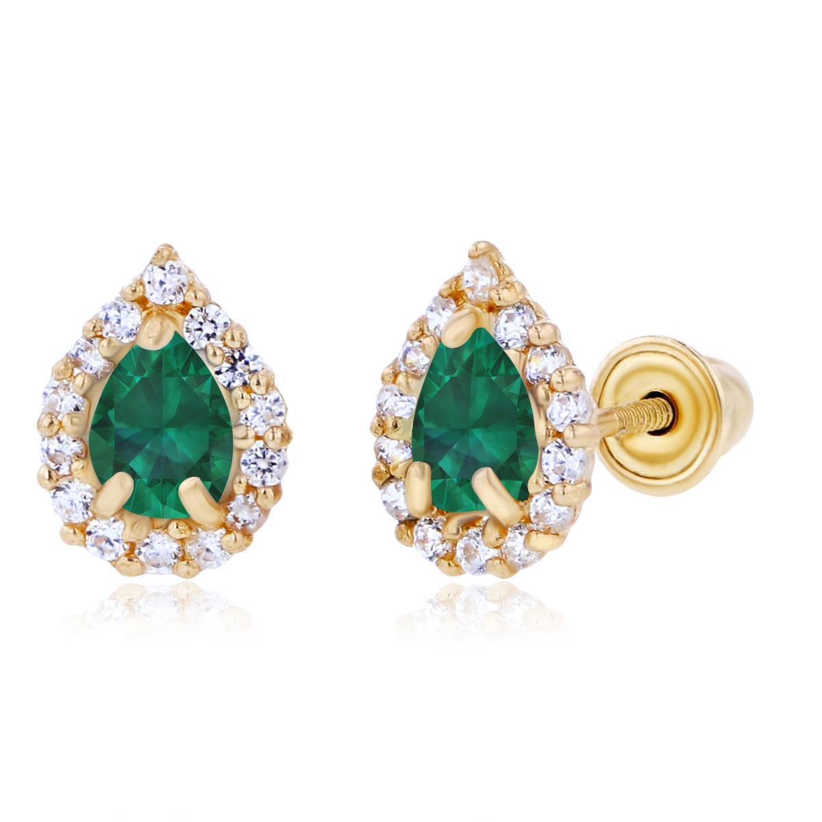 Sterling Silver Yellow 4x3mm Pear Created Emerald & 1mm Created White Sapphire Halo Screwback Earrings