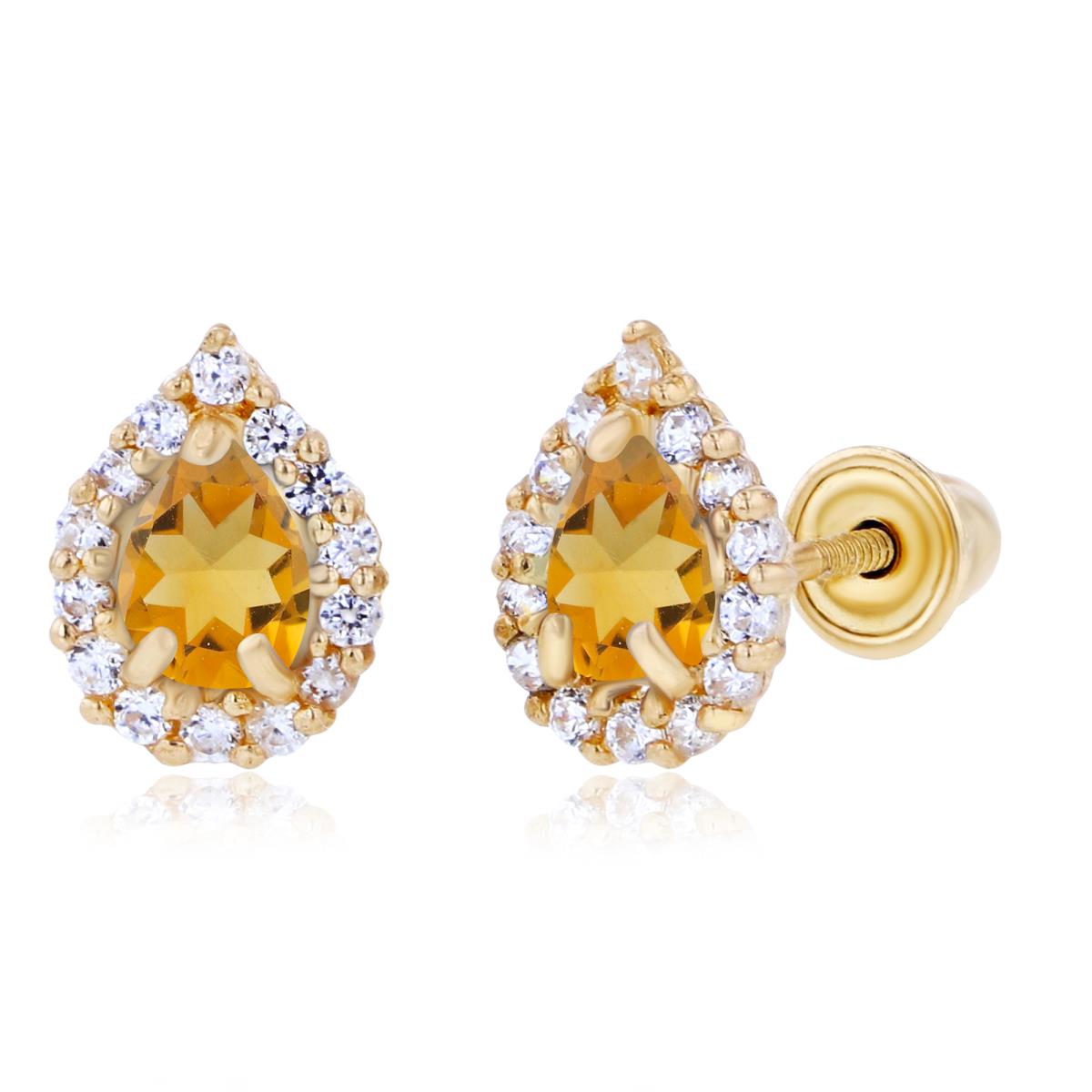 Sterling Silver Yellow 4x3mm Pear Citrine & 1mm Created White Sapphire Halo Screwback Earrings