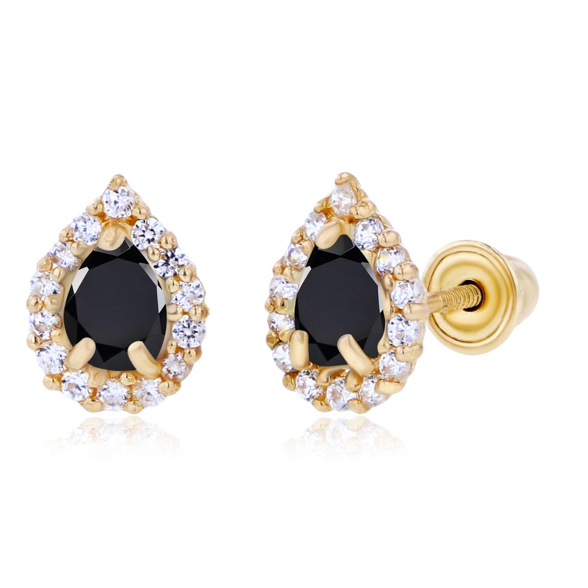 Sterling Silver Yellow 4x3mm Pear Onyx & 1mm Created White Sapphire Halo Screwback Earrings