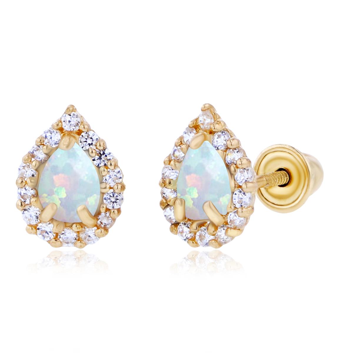Sterling Silver Yellow 4x3mm Pear Created Opal & 1mm Created White Sapphire Halo Screwback Earrings
