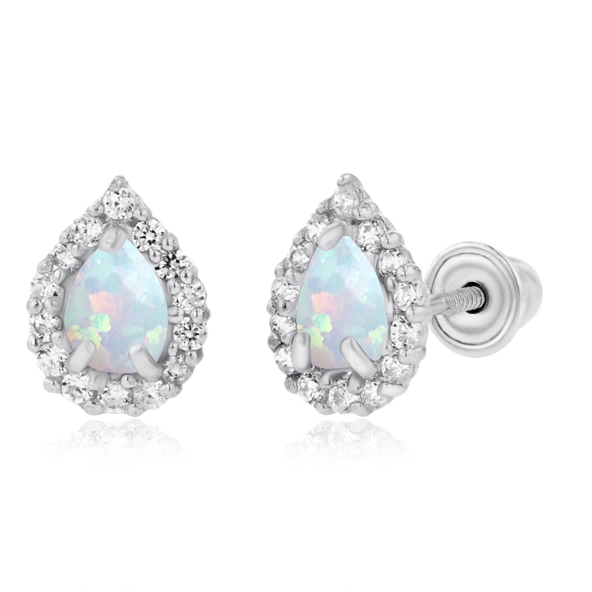 Sterling Silver Rhodium 4x3mm Pear Created Opal & 1mm Created White Sapphire Halo Screwback Earrings