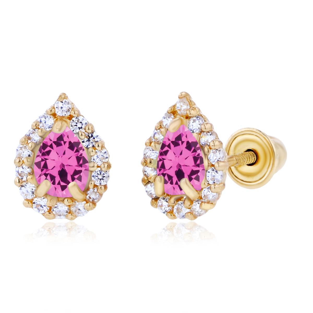 Sterling Silver Yellow 4x3mm Pear Created Pink Sapphire & 1mm Created White Sapphire Halo Screwback Earrings