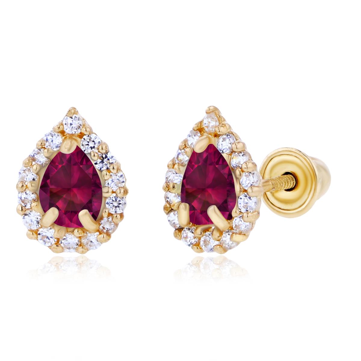 Sterling Silver Yellow 4x3mm Pear Created Ruby & 1mm Created White Sapphire Halo Screwback Earrings