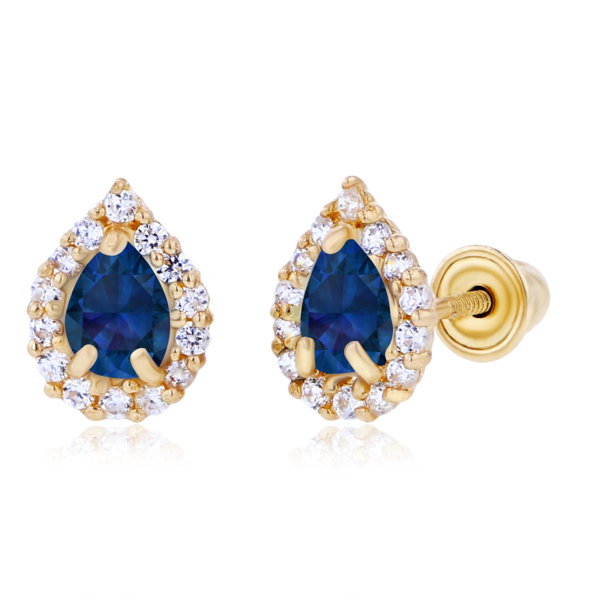 Sterling Silver Yellow 4x3mm Pear Created Blue Sapphire & 1mm Created White Sapphire Halo Screwback Earrings