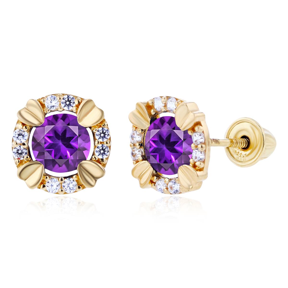 Sterling Silver Yellow 4mm Round Amethyst & 1mm Created White Sapphire Halo Screwback Earrings