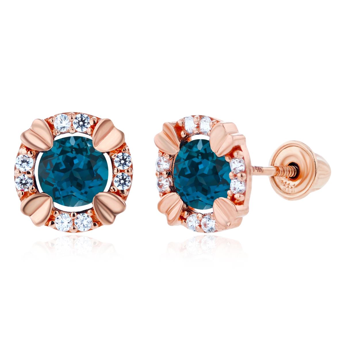 Sterling Silver Rose 4mm Round London Blue Topaz & 1mm Created White Sapphire Halo Screwback Earrings