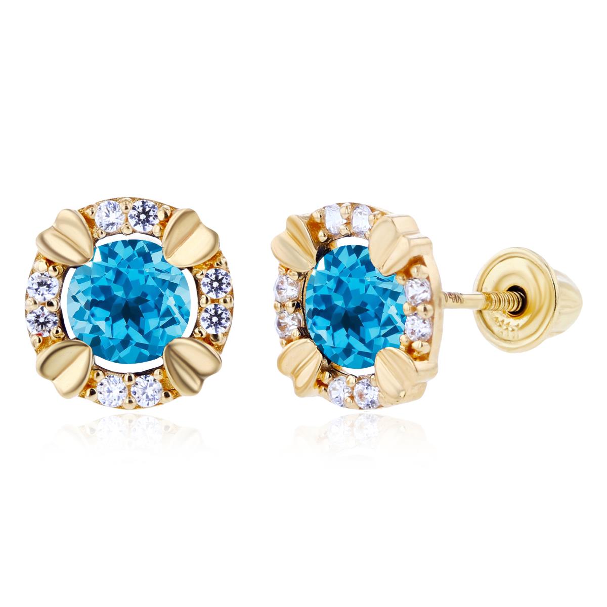 Sterling Silver Yellow 4mm Round Swiss Blue Topaz & 1mm Created White Sapphire Halo Screwback Earrings